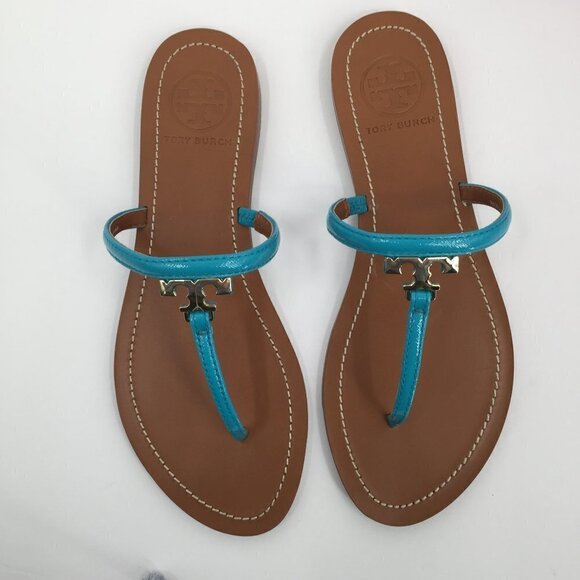 Tory Burch T Logo flat thong bright turquoise leather sandal 7 patent blue new - Picture 2 of 6